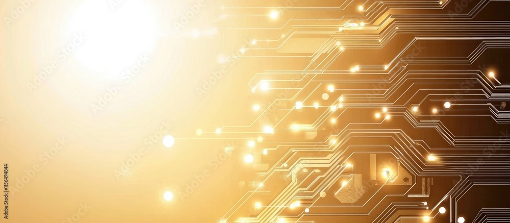 Poster abstract electronic circuit board design with bright glow and copyspace for technology text or graph