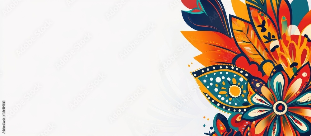 Poster vibrant abstract ethnic floral design with geometric patterns and ample copyspace for creative text 