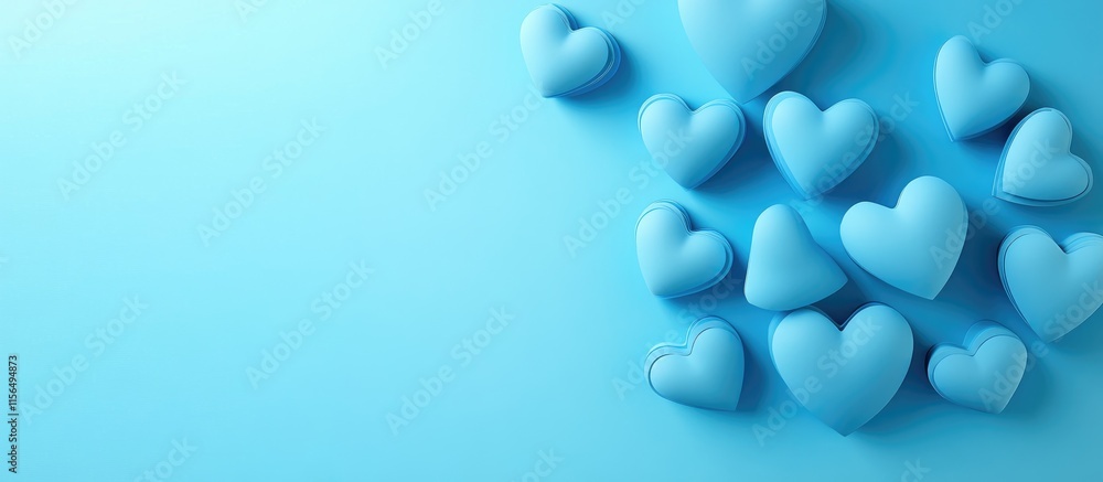 Poster azure blue 3d hearts on a smooth background for valentine's theme with ample space for text and crea
