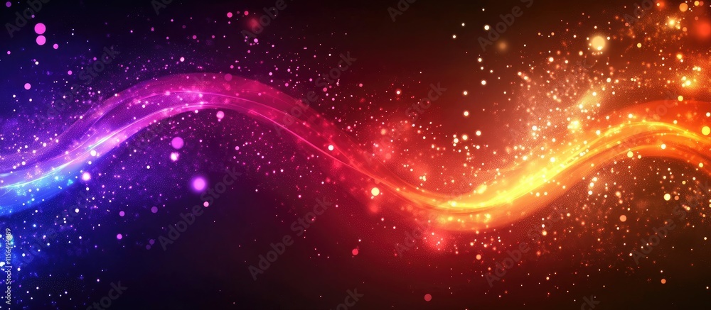Poster colorful abstract waves with sparkling particles and empty space for text on a dark background for c