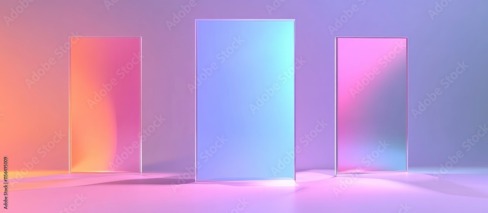 Poster abstract 3d rendering of floating holographic screens in vibrant colors with empty space for text id