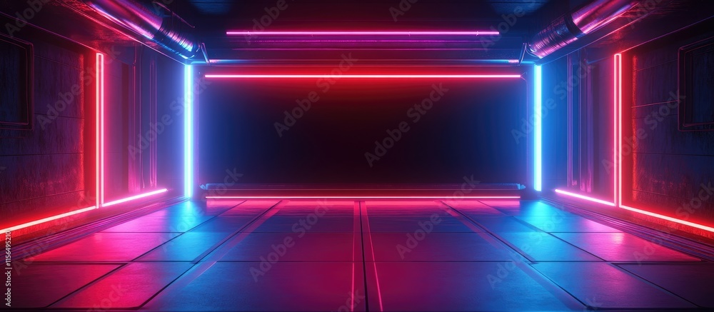 Poster futuristic neon light tunnel with abstract digital technology and blank space for text display in vi