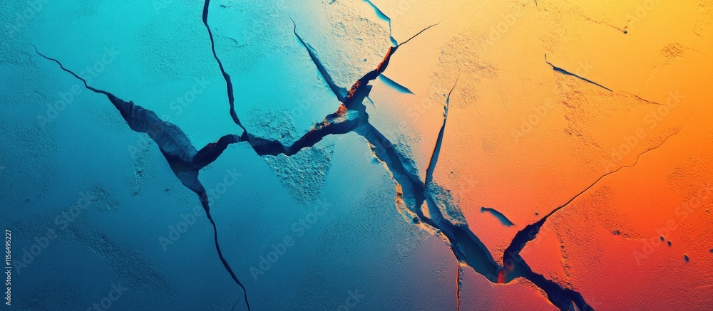 Poster abstract cracked surface with dynamic blue and orange colors and space for text overlay in energetic