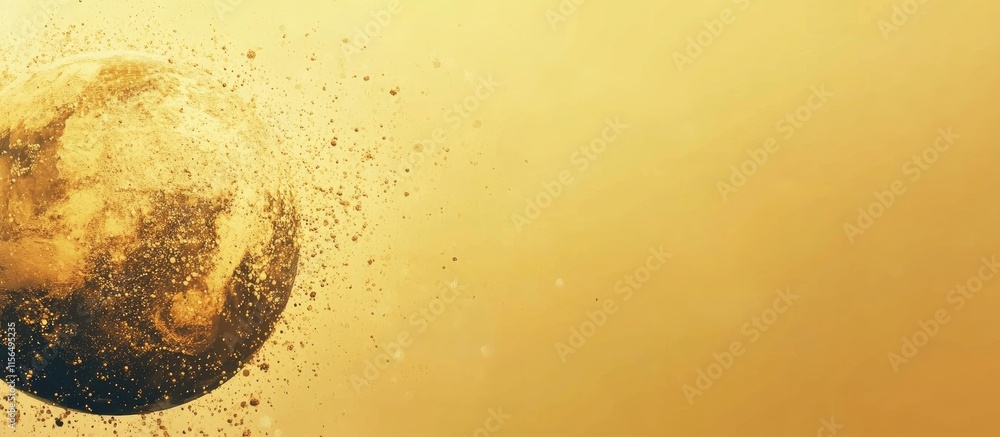 Poster abstract golden earth map design with floating particles and ample blank space for text in a wide ba