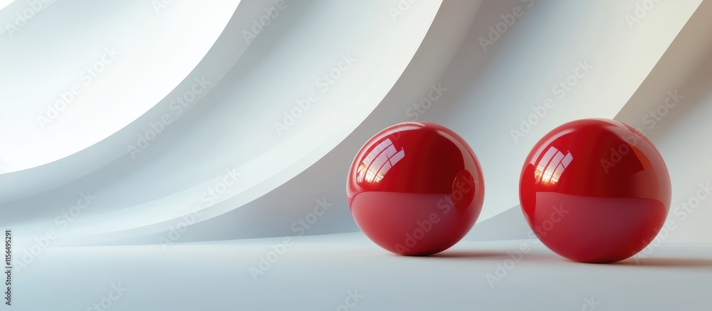 Poster glossy red spheres on a minimalist white background with smooth geometric curves offering ample empt
