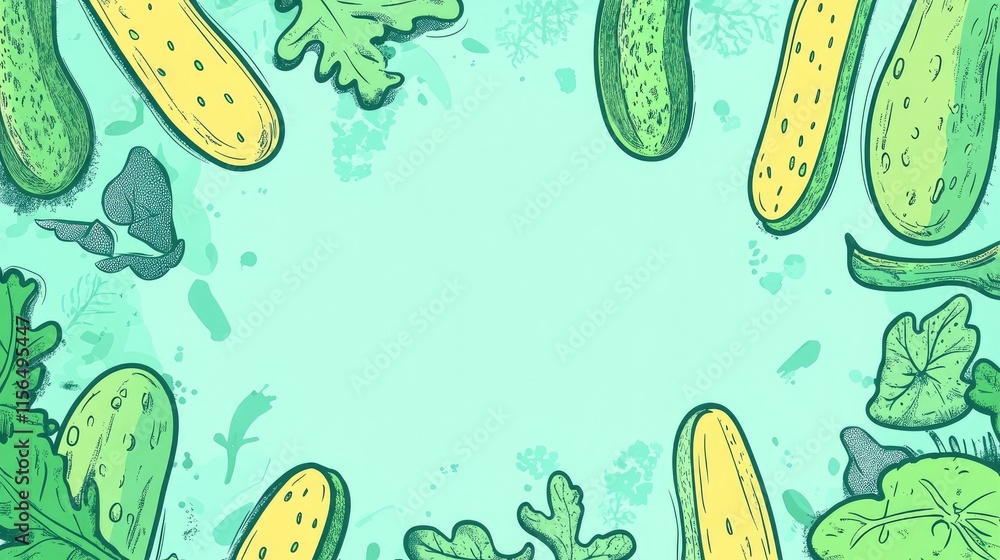 Poster cucumber doodle illustration with floating elements and blank space for text in a fresh green backgr