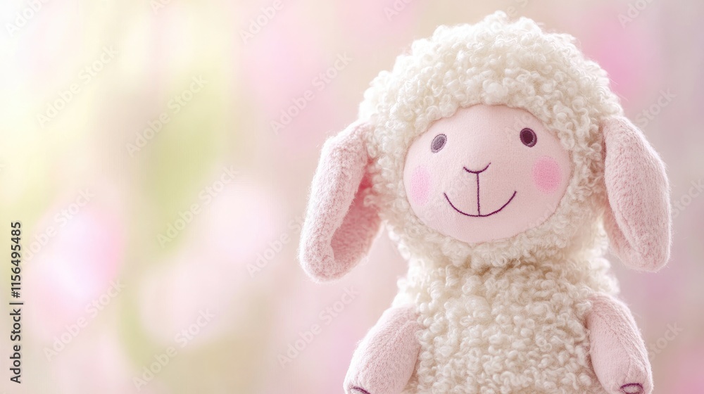 Poster cuddly plush lamb toy with blushing cheeks in soft faded background for text placement and design us