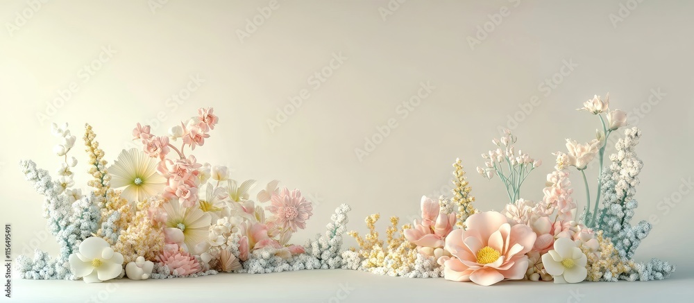 Poster soft pastel floral composition featuring delicate flowers on a light background with customizable em