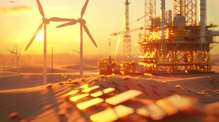 A vibrant scene of energy industries at sunset, showcasing oil rigs, wind turbines, and solar panels in a desert setting, blending traditional and renewable technologies.