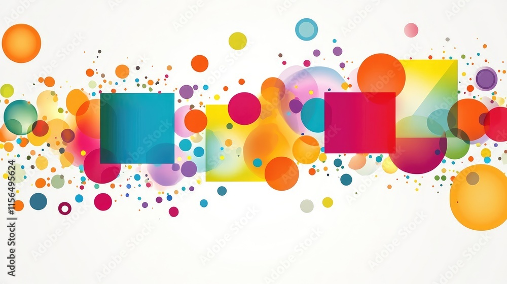 Poster Colorful abstract shapes with circles and rectangles creating appealing design space for text and messaging on a soft background