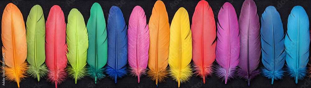 Poster vibrant rainbow feathers arranged in a row, showing a spectrum of colors and textures. a colorful di