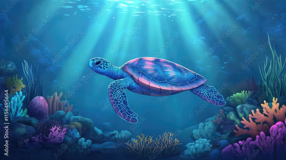 Poster colorful sea turtle gliding through vibrant coral reef with illuminated underwater scene and ample c