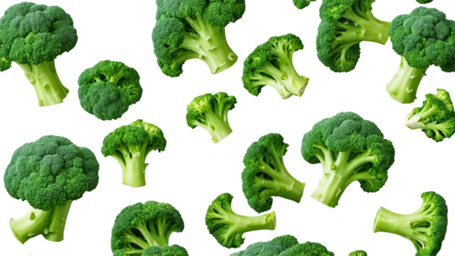Multiple broccoli florets of various sizes scattered randomly, creating a seamless pattern effect, all isolated on a transparent background - Powered by Adobe