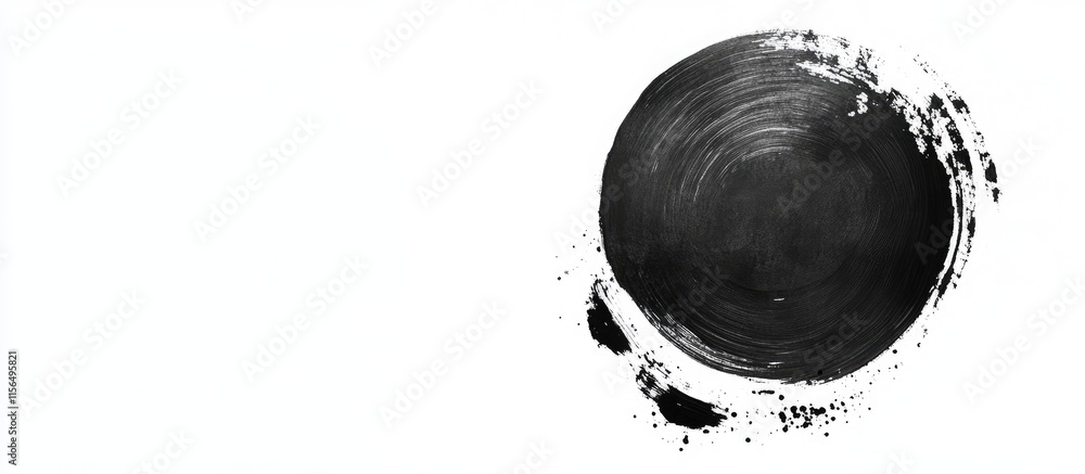 Poster black ink circle with rough brush strokes on white background creating space for text or design elem