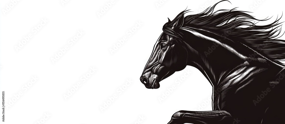 Aufkleber dynamic black horse head in motion with ample negative space for custom text or branding use