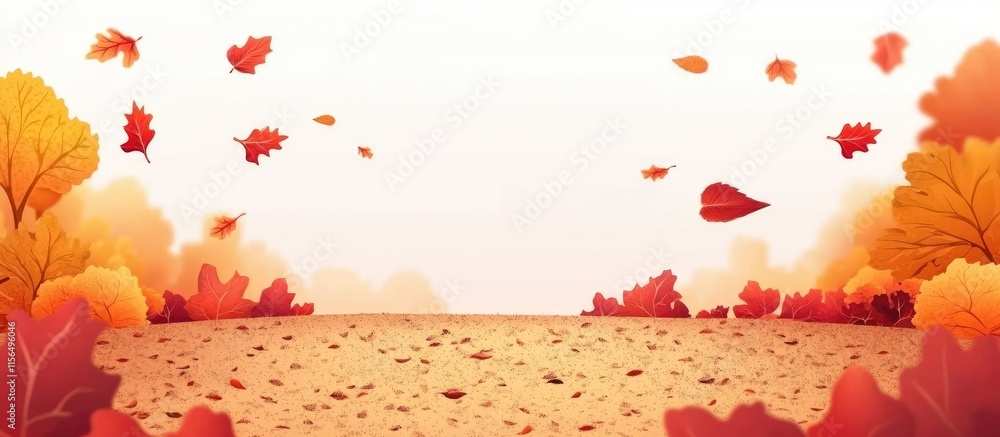 Poster autumn leaves falling on a dirt ground with vibrant colors creating a serene nature scene and empty 