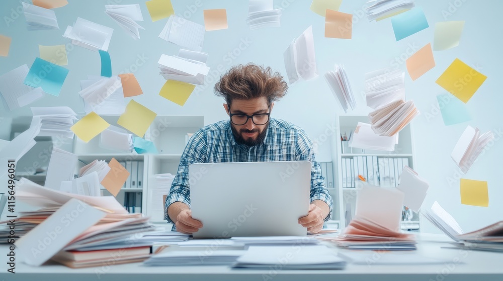 Aufkleber distracted man among flying papers and documents struggles with workload while using laptop in moder