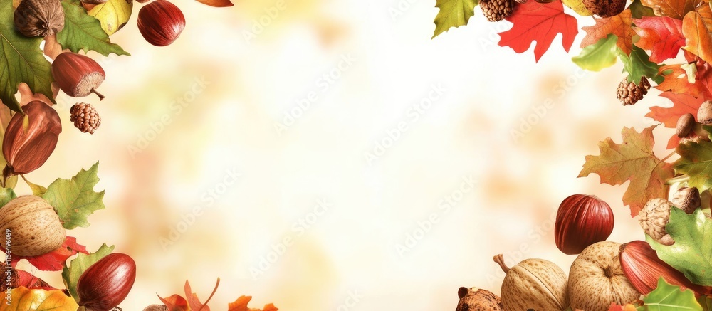 Poster autumn decorative frame with colorful leaves and nuts creating a space for text or seasonal messages
