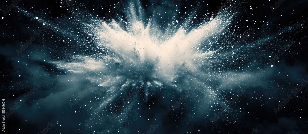 Poster abstract dust explosion background with dynamic particles and dark copy space for creative text and 