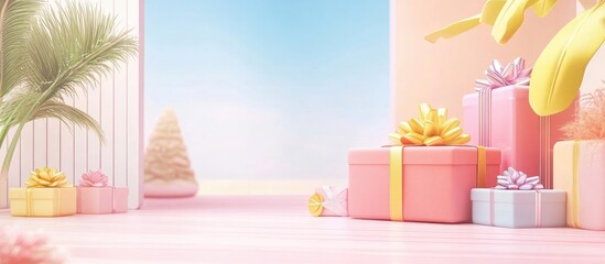 Festive scene featuring large gift boxes and colorful decor ideal for seasonal design presentations and invitations with ample empty space for text