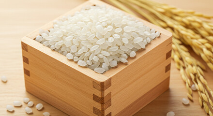 白く輝くお米と稲穂、日本のお米