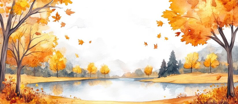 Autumn landscape watercolor with vibrant yellow trees by serene lake creating empty space for customizable text or graphics.