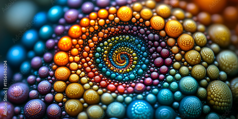 Poster rainbow spiral of ornate spheres, a mesmerizing fractal art design featuring vibrant colors and intr