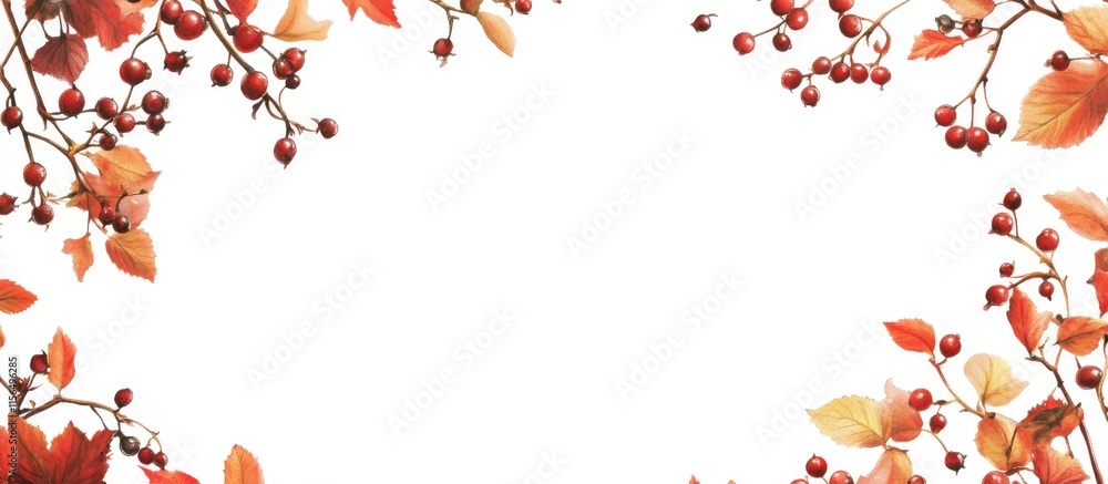 Poster autumn border designed with colorful fall leaves and berries featuring a blank center space for cust