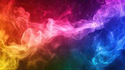 Vibrant abstract rainbow smoke background with cosmic stars ideal for text placement and aesthetic design projects