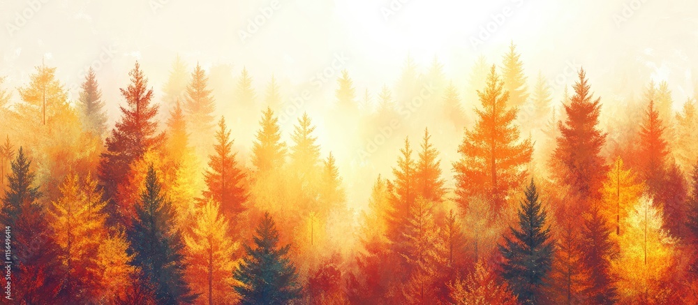 Aufkleber aerial view of colorful autumn forest with vibrant leaves and soft sunlight creating a serene nature