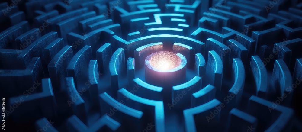 Poster aerial view of a complex maze structure illuminated by central light with ample space for text or cr