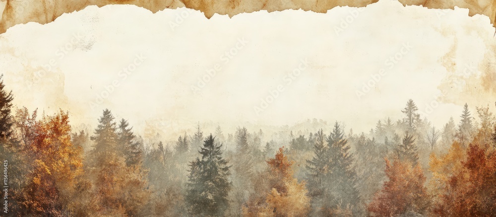 Poster aerial view of colorful autumn forest with fog and blank space for adding custom text or business br