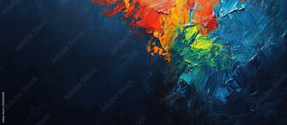 Poster vibrant abstract expressionist art piece with dark background and ample empty space for text or desi
