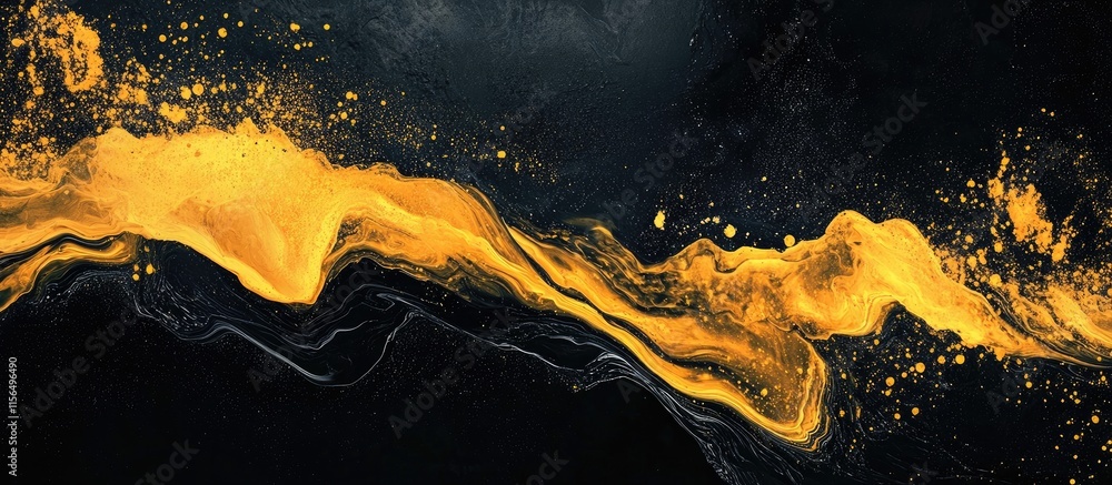 Poster luxurious abstract acrylic ocean waves in yellow and black with fluid textures and empty space for c