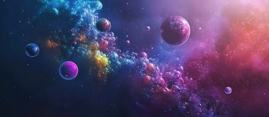 Fototapeta premium Vibrant cosmic scene featuring colorful planets and nebulae against a dark background with space for text or overlay graphics
