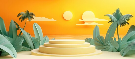 Fototapeta premium Summer themed 3D podium display on sandy hill with origami style and vibrant yellow background for product showcase or interior design projects