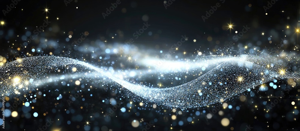 Poster abstract digital wave patterns with sparkling particles and space for text on dark backdrop suitable