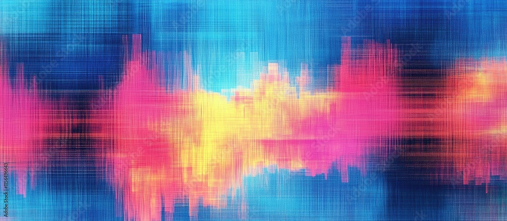 Poster colorful abstract digital glitch art featuring pixel noise and vibrant wave patterns with ample empt