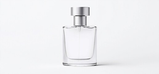 Clear glass perfume bottle with a silver cap.