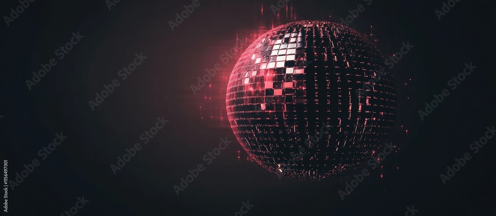 Poster abstract disco ball sphere creating unique lighting effects with space for custom text on dark backg