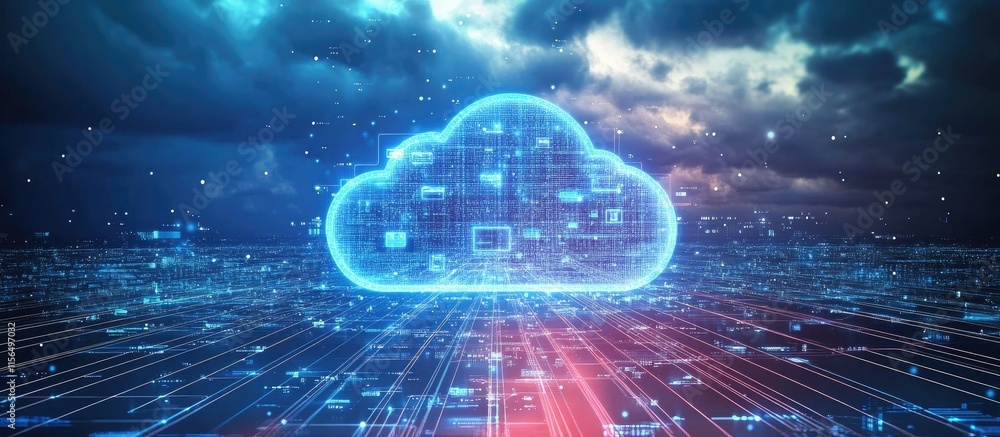 Poster futuristic cloud network technology visualization with digital data transfer and empty space for cop