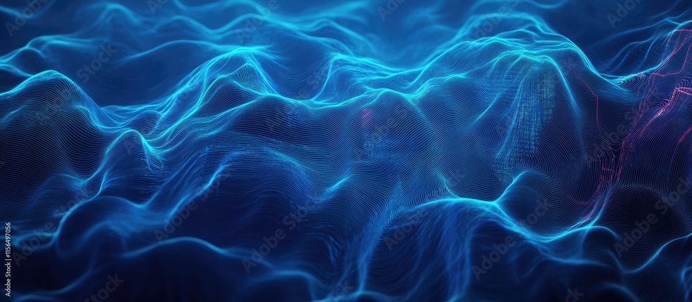 Poster Dynamic Abstract Technology Background with Flowing Neon Lines in Deep Blue Ideal for Web Design and Machine Learning Concepts