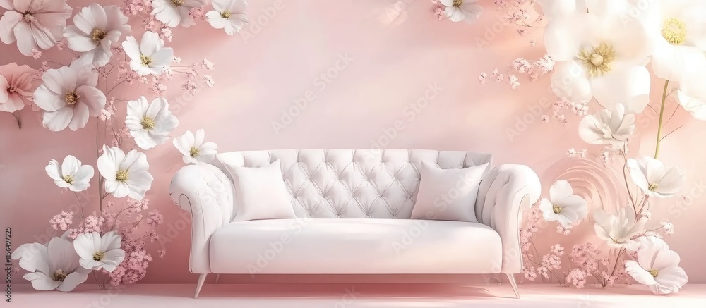 Poster elegant 3d illustration of a white and pink sofa surrounded by floral elements with ample copyspace 