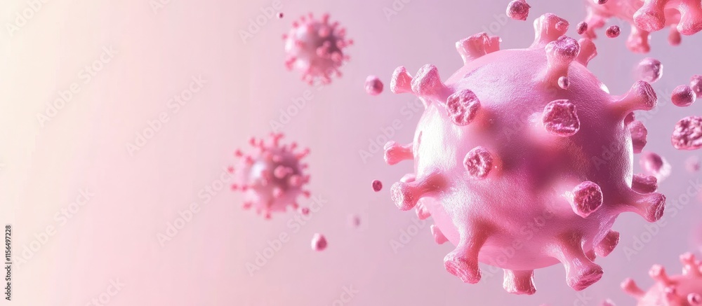 Poster 3d visualization of coronavirus particles with soft pink background and space for informational text