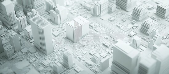 3D detailed cityscape model with abstract buildings and intricate structures providing ample empty space for text or graphic overlay