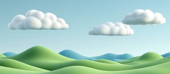 Fototapeta premium 3D Rolling Mountains Landscape with Soft Clouds and Clear Blue Sky Ideal for Text Overlay or Background Design