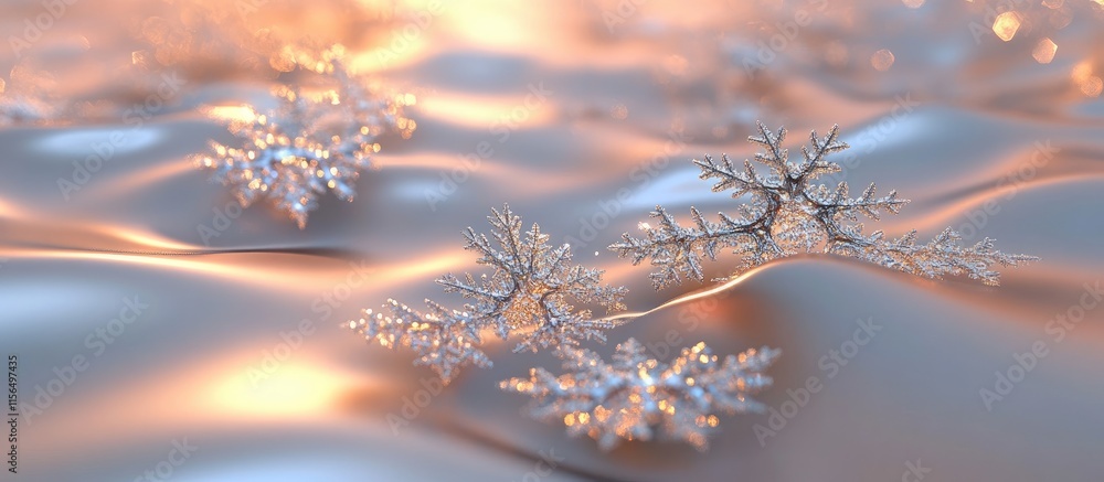 Poster graceful snowflakes on soft abstract surface with glowing background and room for custom text