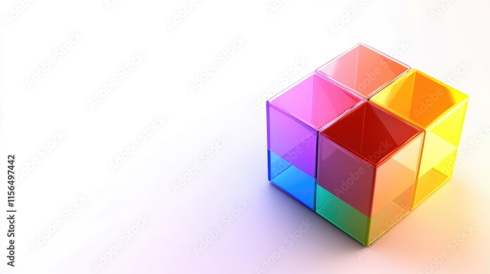 Poster vibrant multicolored cube arrangement on a bright background with ample space for creative text or b