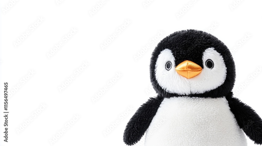 Poster cuddly penguin plush toy on white background with soft texture and ample empty space for customizabl