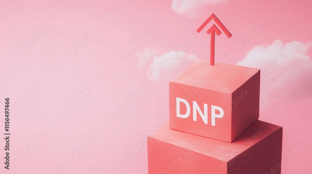 Aufkleber cube with letters dnp and upward arrow against pink sky background with ample copy space for text an